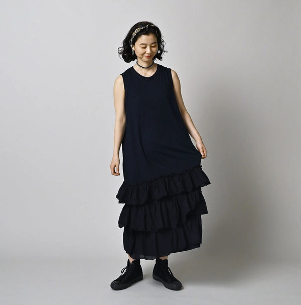 45R Indigo Plain Weave x Jersey Frilled Dress