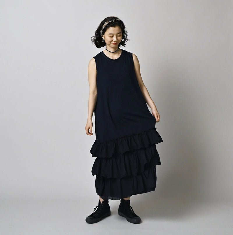 45R Indigo Plain Weave x Jersey Frilled Dress - Image 2