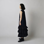 45R Indigo Plain Weave x Jersey Frilled Dress
