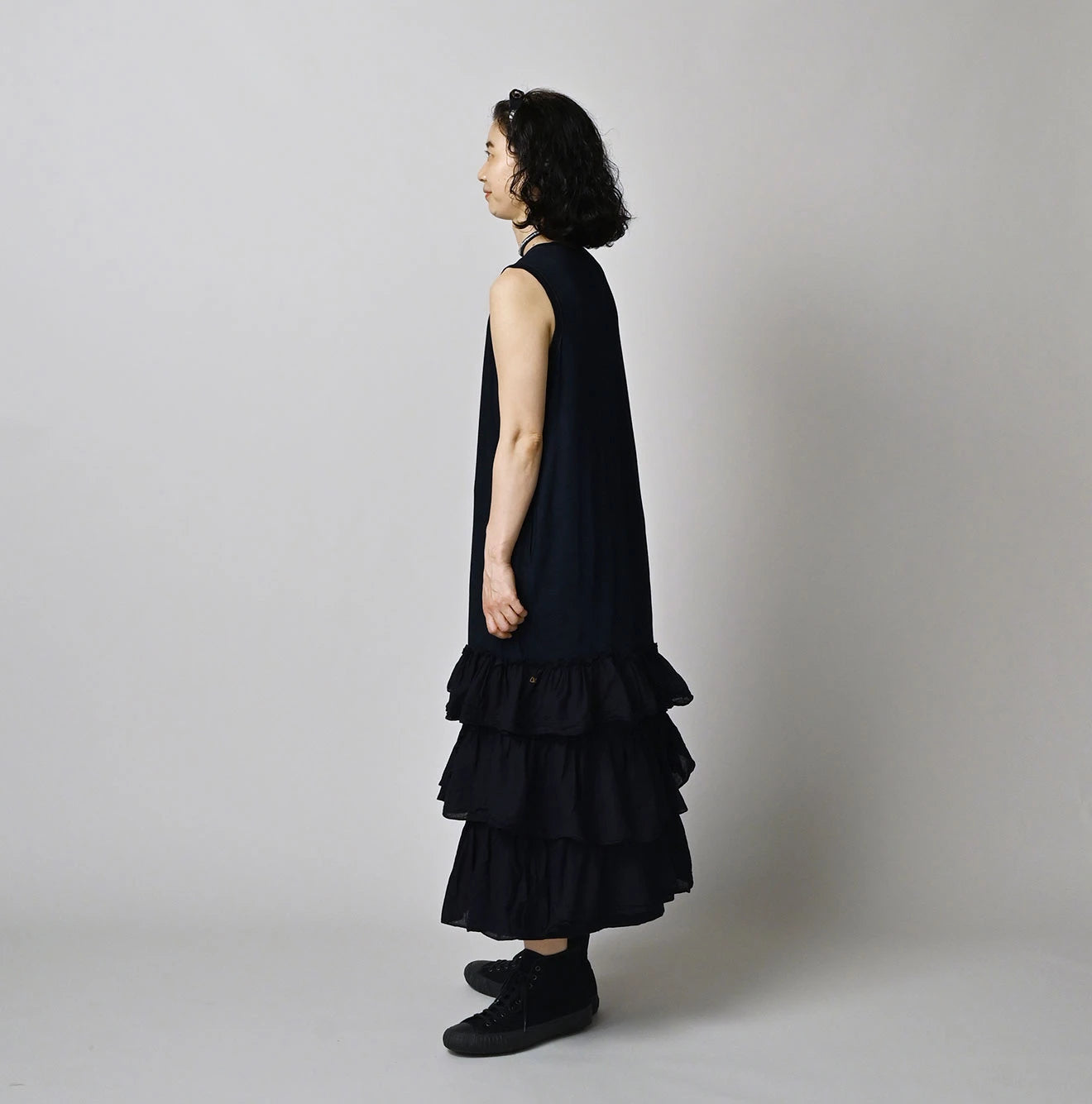 45R Indigo Plain Weave x Jersey Frilled Dress - Image 3