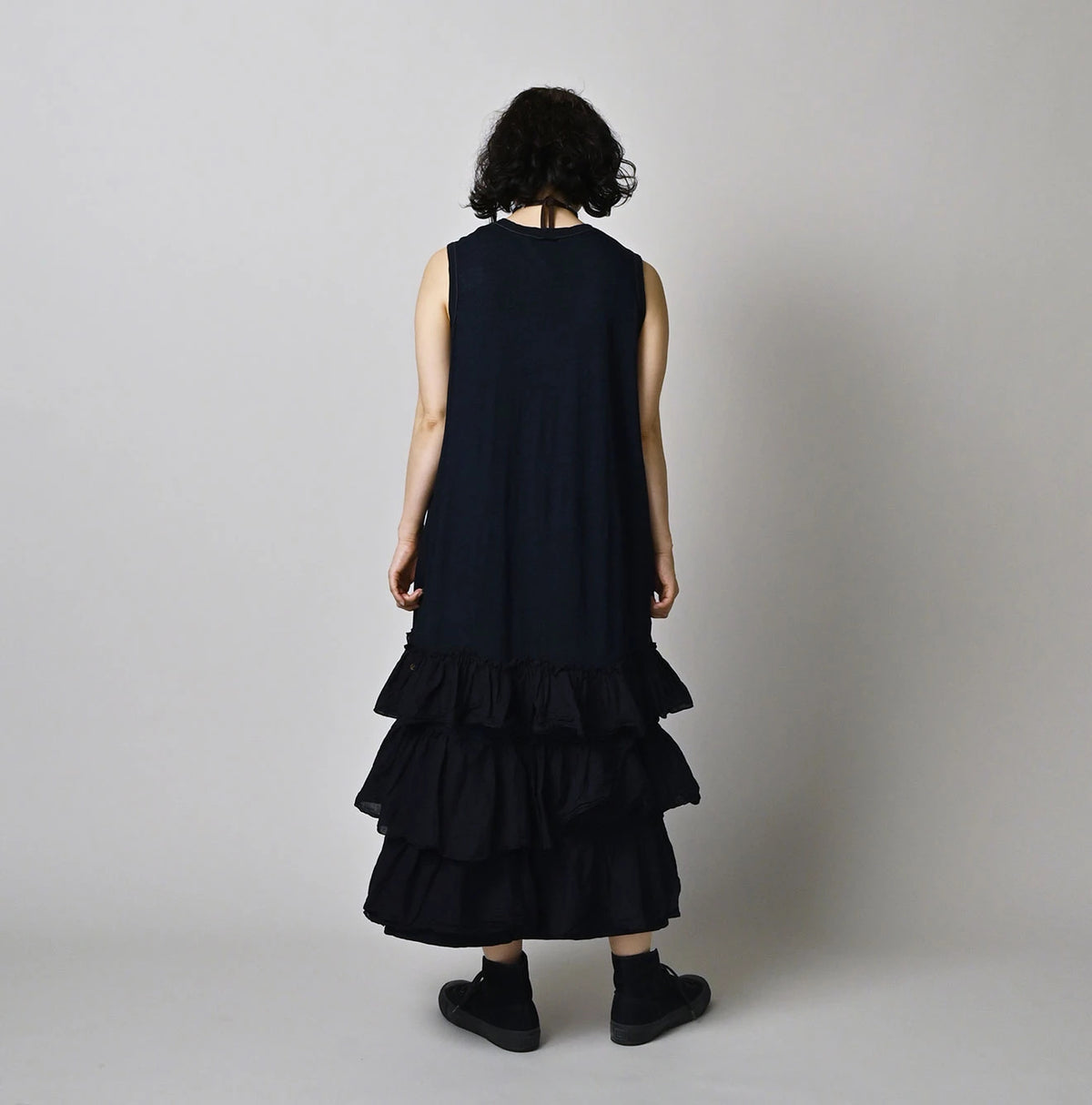 45R Indigo Plain Weave x Jersey Frilled Dress