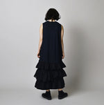 45R Indigo Plain Weave x Jersey Frilled Dress