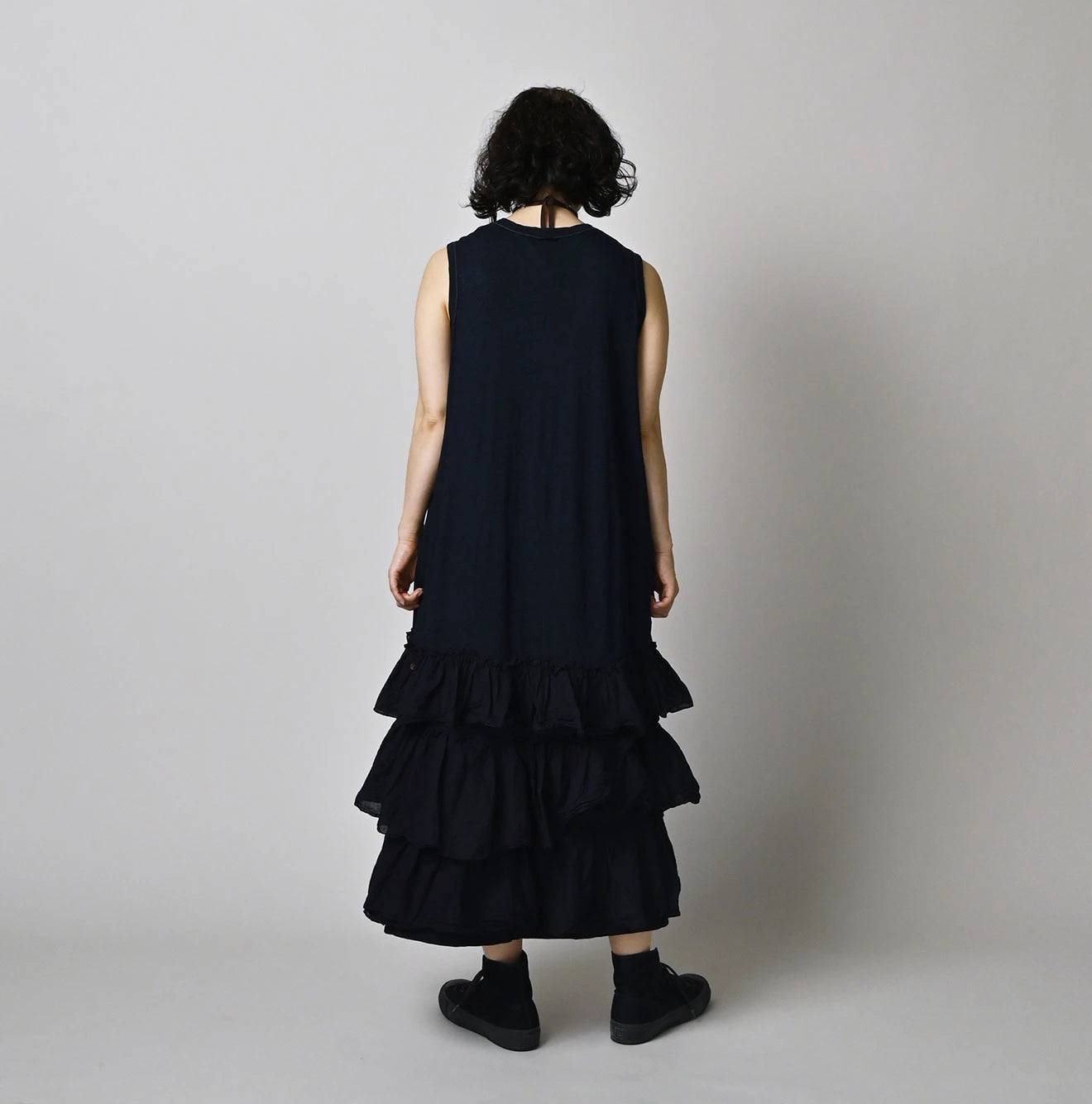 45R Indigo Plain Weave x Jersey Frilled Dress - Image 4