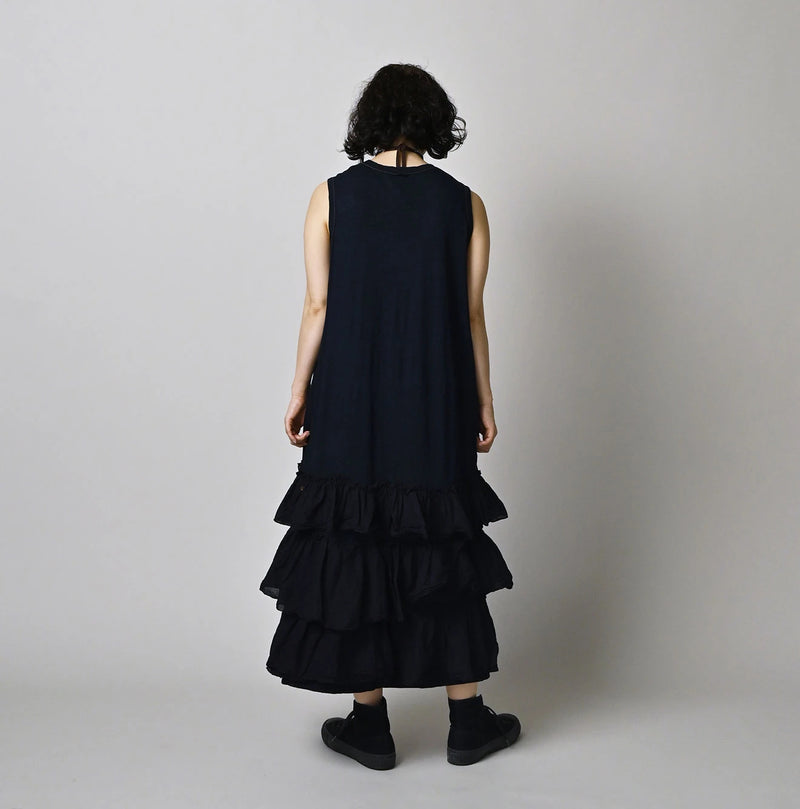 45R Indigo Plain Weave x Jersey Frilled Dress - Image 4