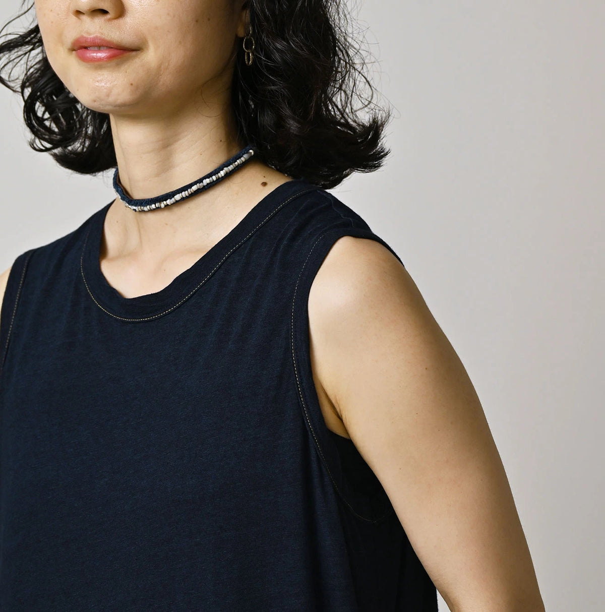 45R Indigo Plain Weave x Jersey Frilled Dress