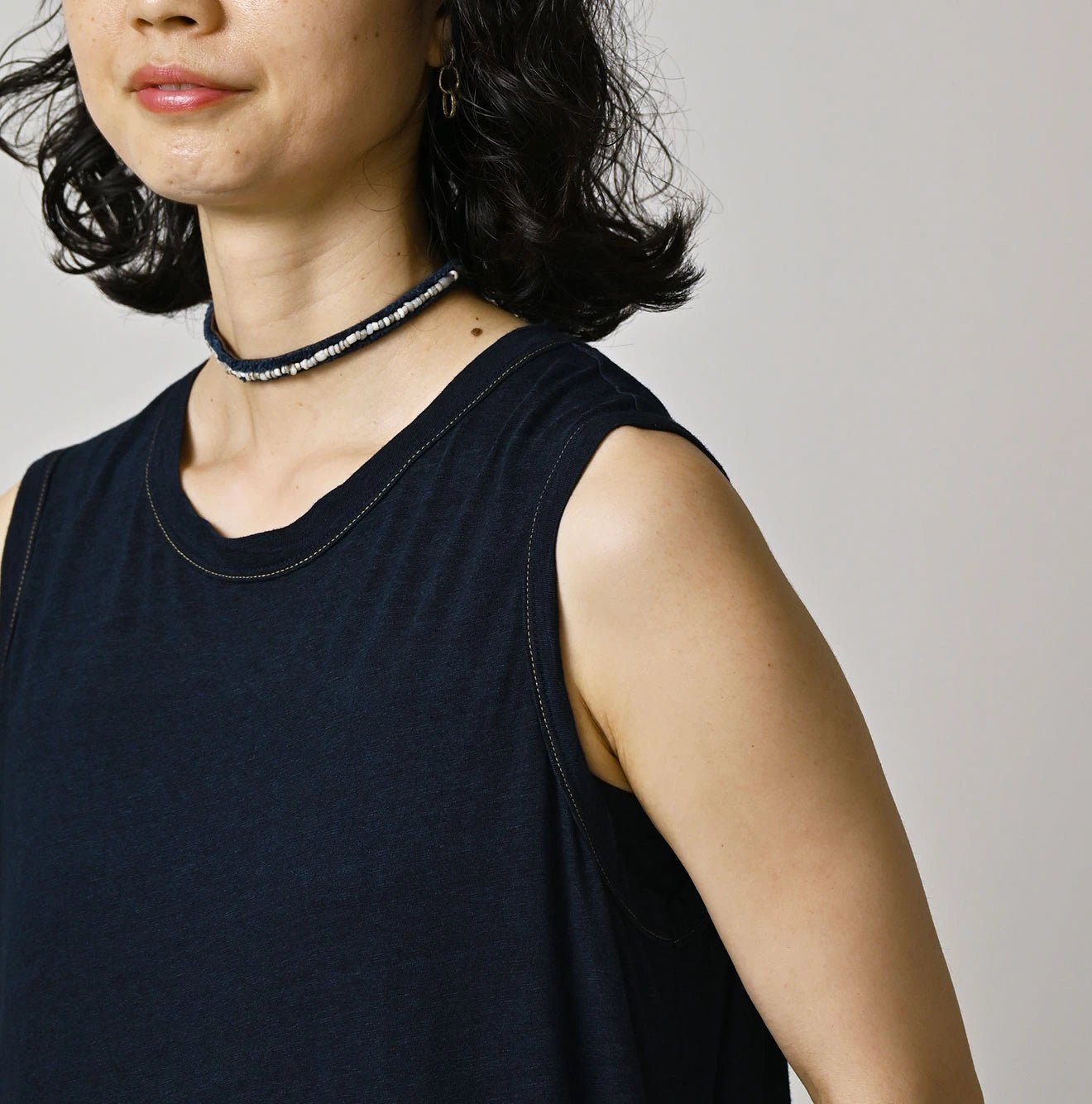 45R Indigo Plain Weave x Jersey Frilled Dress - Image 6