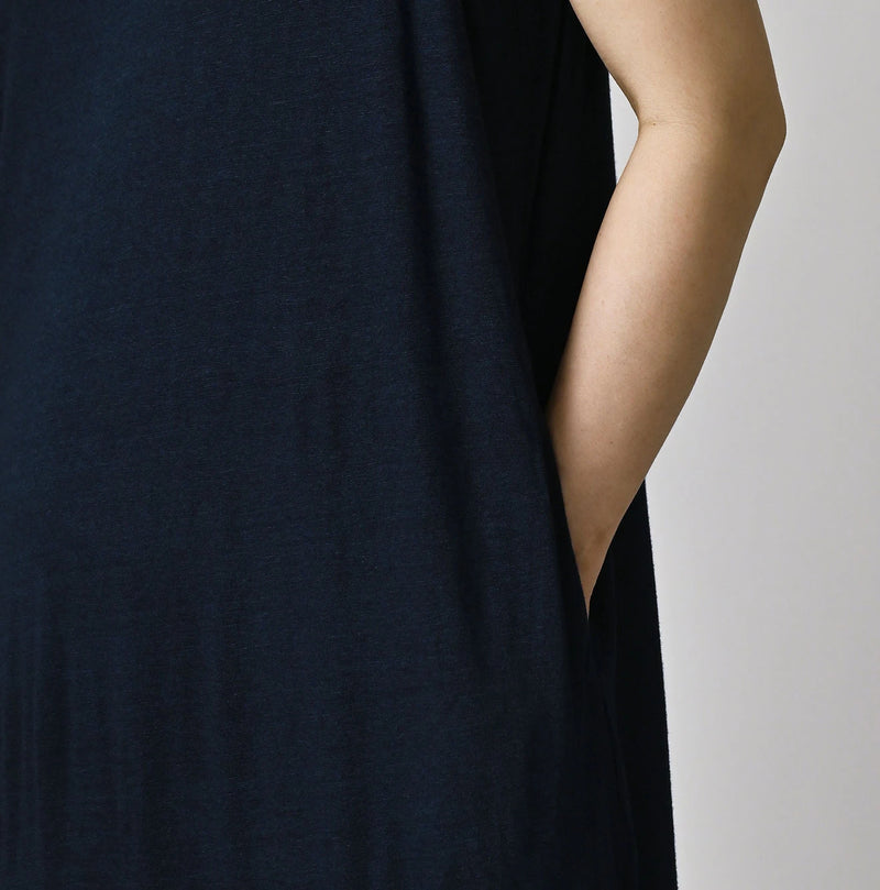 45R Indigo Plain Weave x Jersey Frilled Dress - Image 7