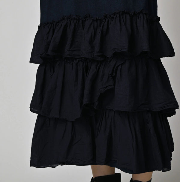 45R Indigo Plain Weave x Jersey Frilled Dress