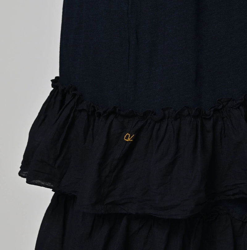 45R Indigo Plain Weave x Jersey Frilled Dress - Image 10