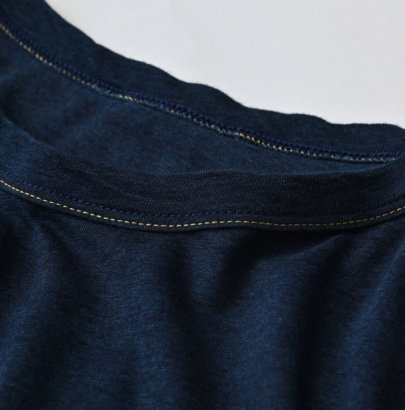 45R Indigo Plain Weave x Jersey Frilled Dress - Image 12