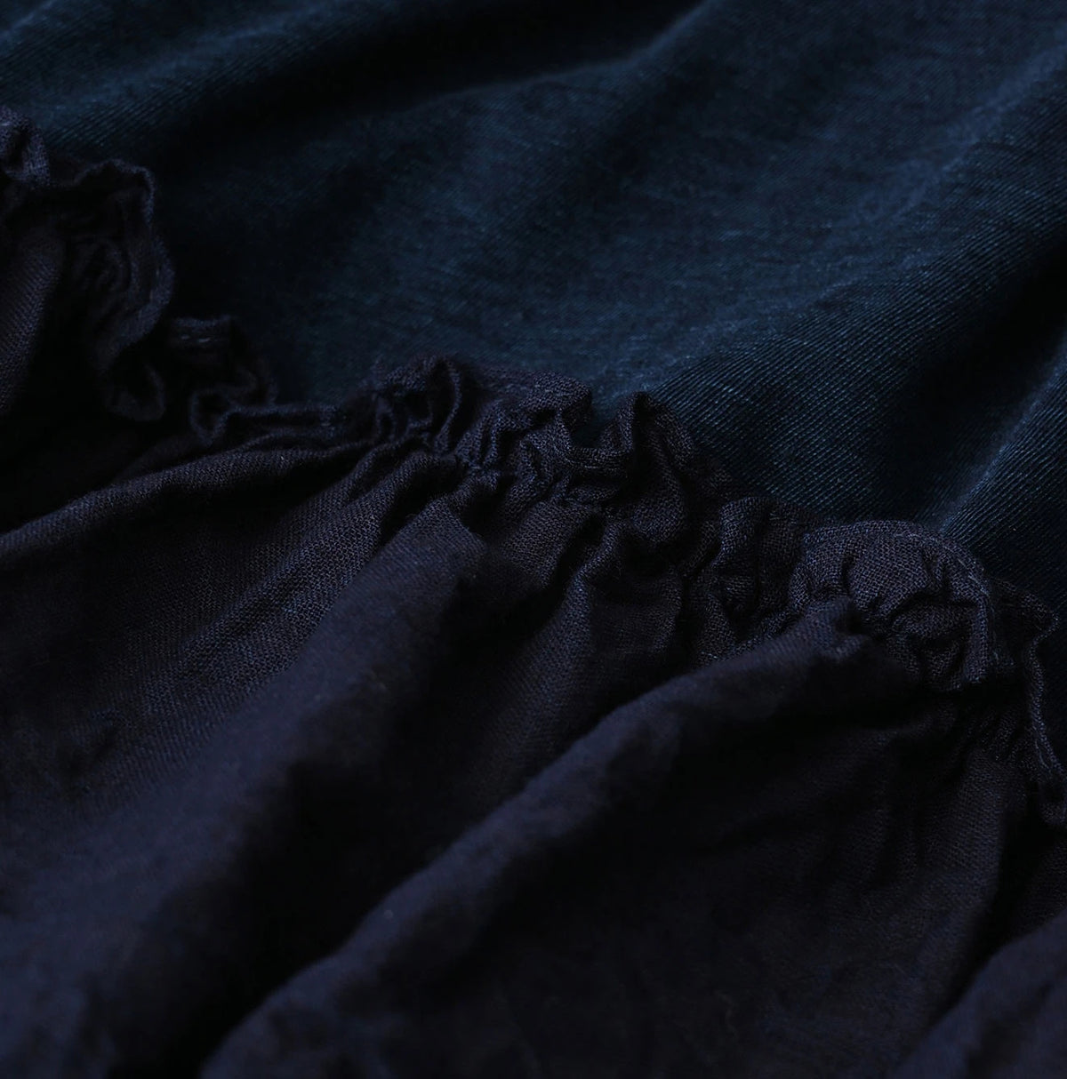 45R Indigo Plain Weave x Jersey Frilled Dress