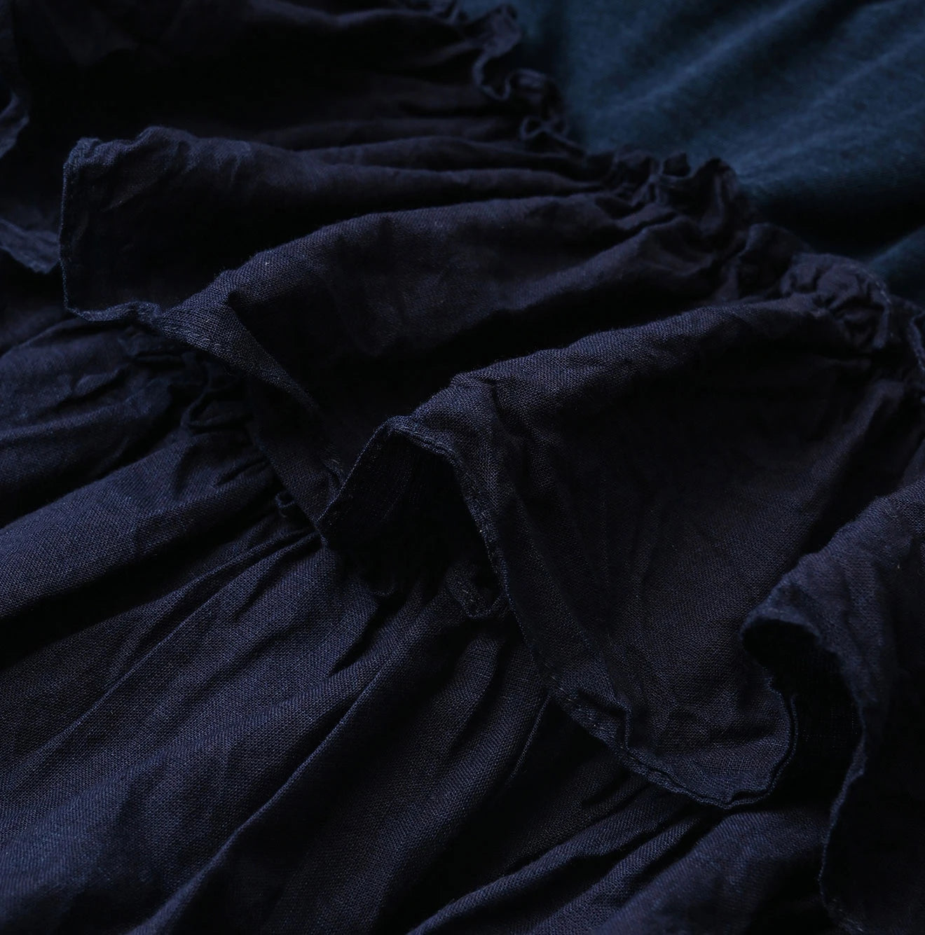 45R Indigo Plain Weave x Jersey Frilled Dress - Image 15