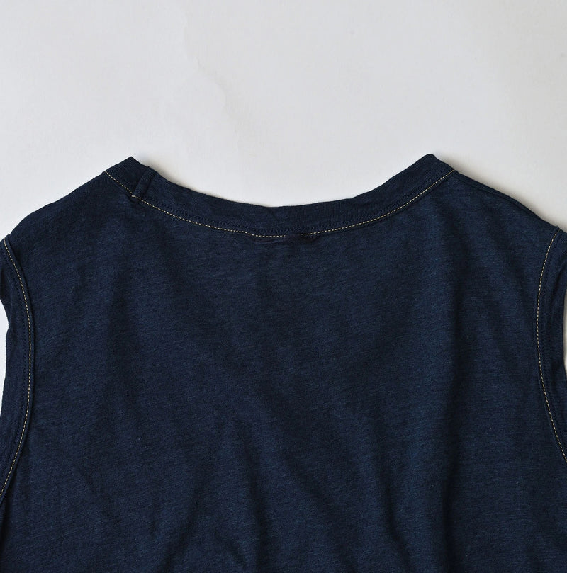 45R Indigo Plain Weave x Jersey Frilled Dress - Image 17