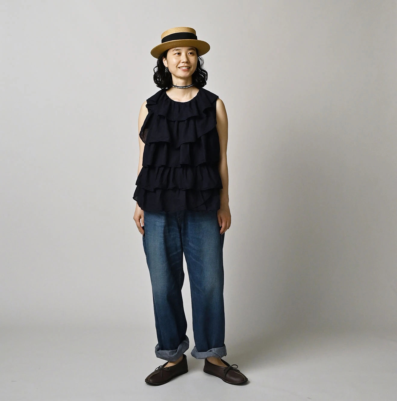 45R Indigo Plain Weave x Jersey Frilled Camisole - Image 2