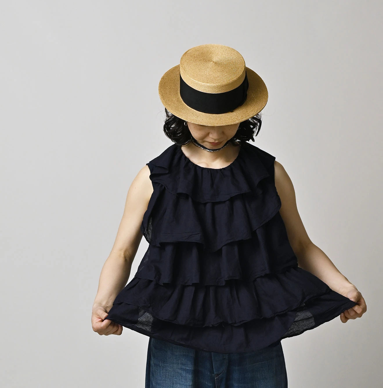 45R Indigo Plain Weave x Jersey Frilled Camisole - Image 3