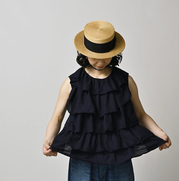 45R Indigo Plain Weave x Jersey Frilled Camisole