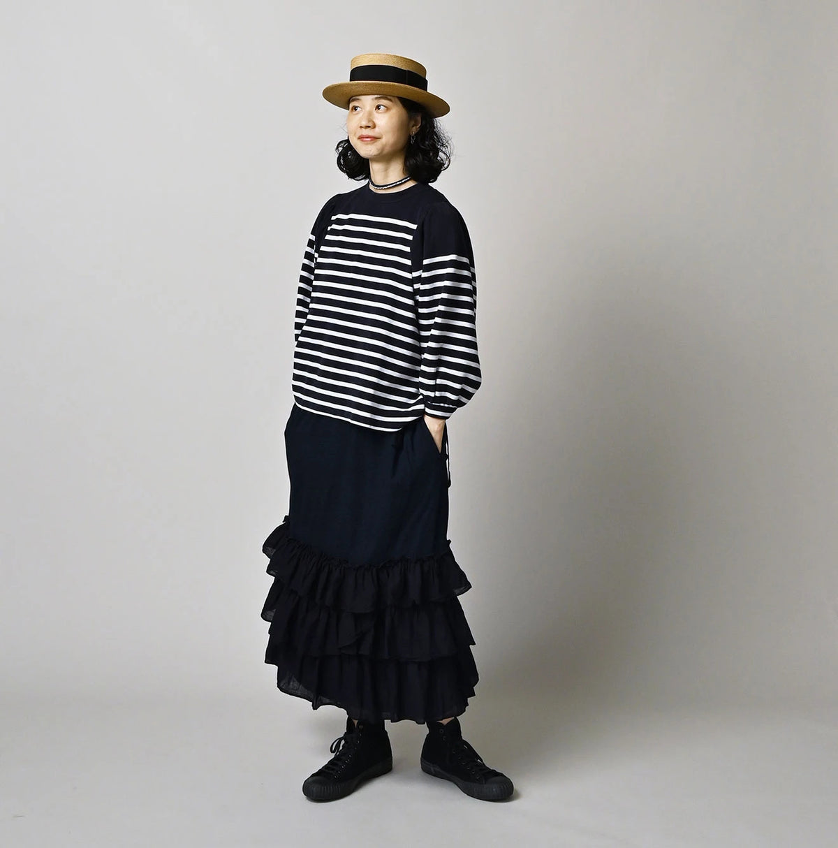 45R Indigo Plain Weave x Jersey Frilled Skirt
