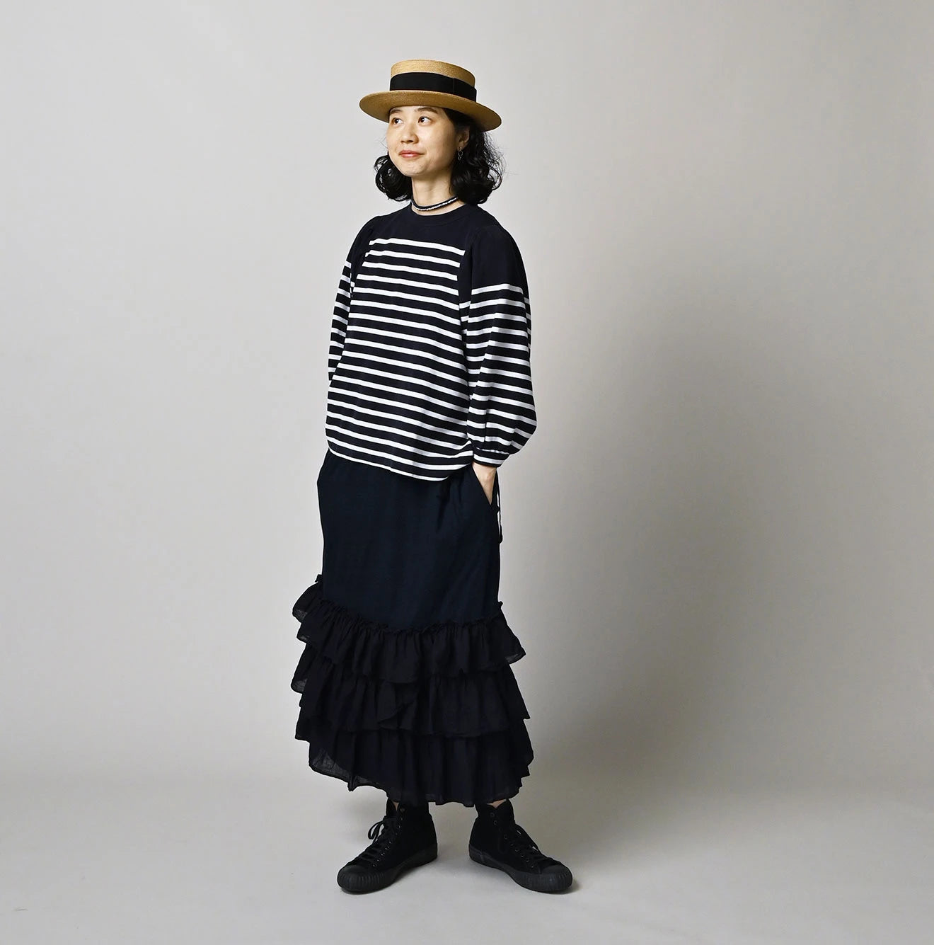 45R Indigo Plain Weave x Jersey Frilled Skirt - Image 2