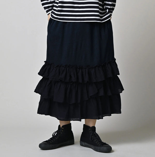 45R Indigo Plain Weave x Jersey Frilled Skirt