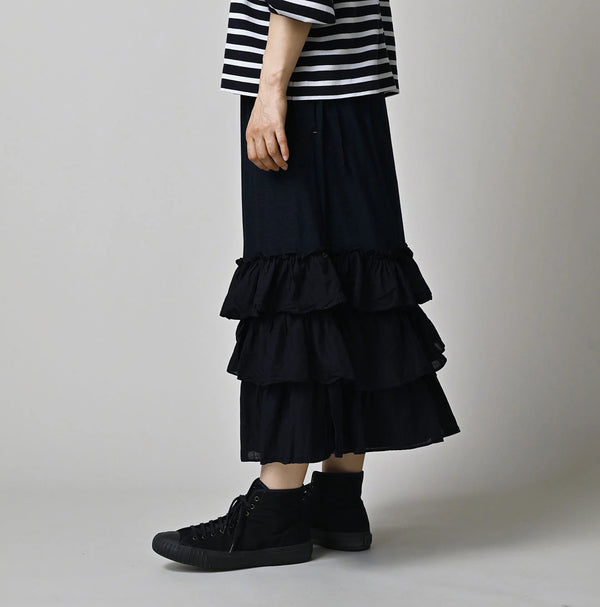 45R Indigo Plain Weave x Jersey Frilled Skirt