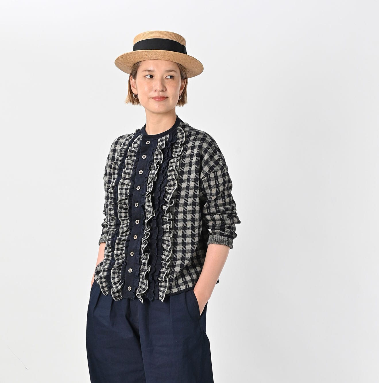45R Indigo Gigham Jacquard Cardigan - Image 3