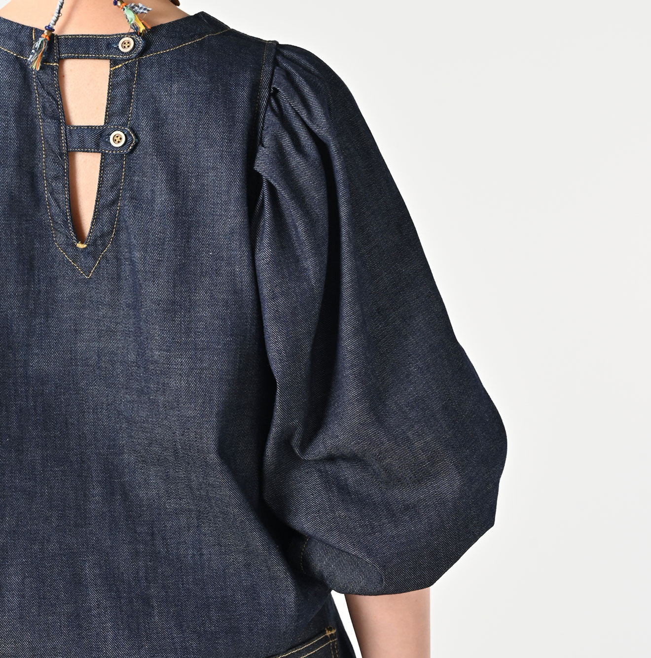45R 45 Petit Denim Puff Sleeve Blouse