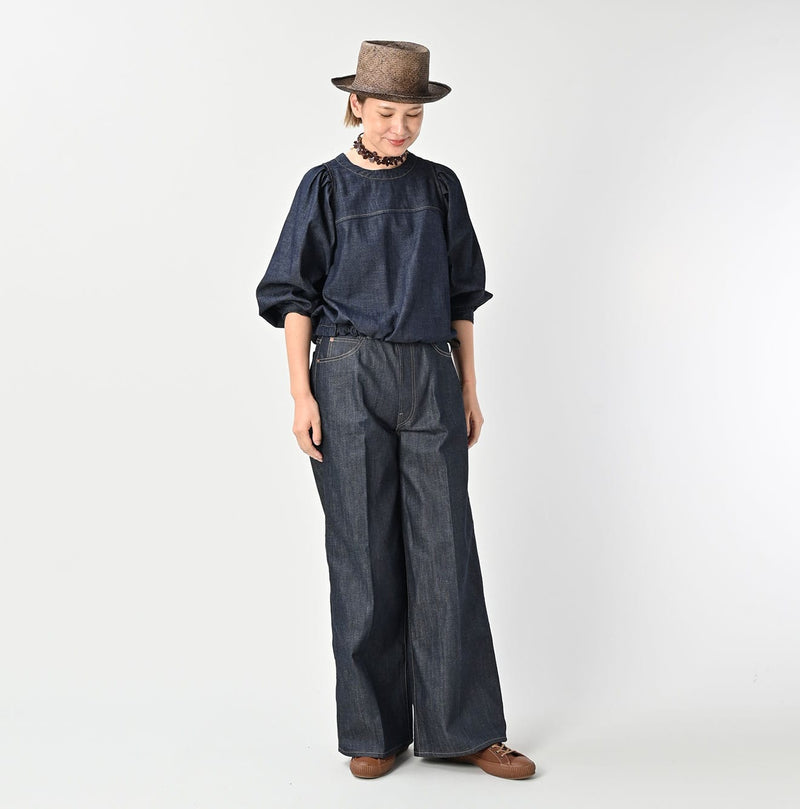 45R 45 Petit Denim Puff Sleeve Blouse