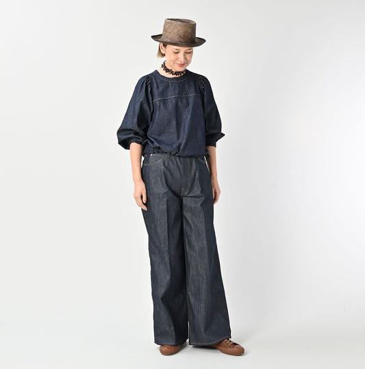45R 45 Petit Denim Puff Sleeve Blouse