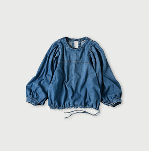 45 Petit Denim Puff Sleeve Blouse Distressed