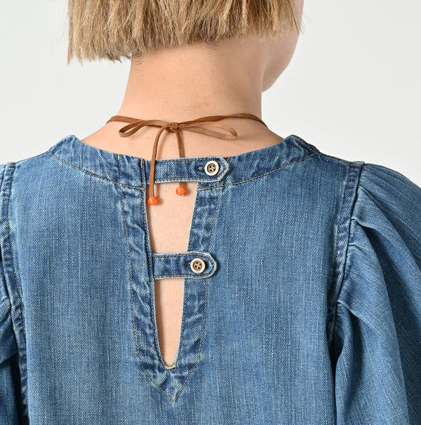 45R 45 Petit Denim Puff Sleeve Blouse Distressed