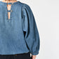 45R 45 Petit Denim Puff Sleeve Blouse Distressed