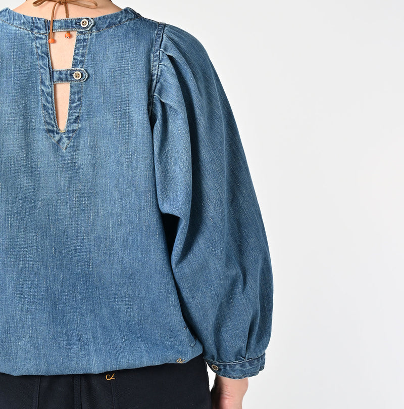 45R 45 Petit Denim Puff Sleeve Blouse Distressed