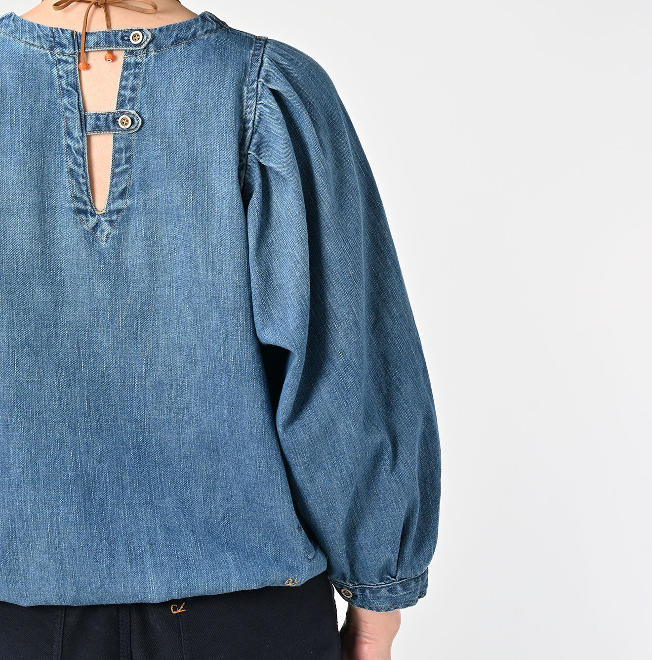 45R 45 Petit Denim Puff Sleeve Blouse Distressed