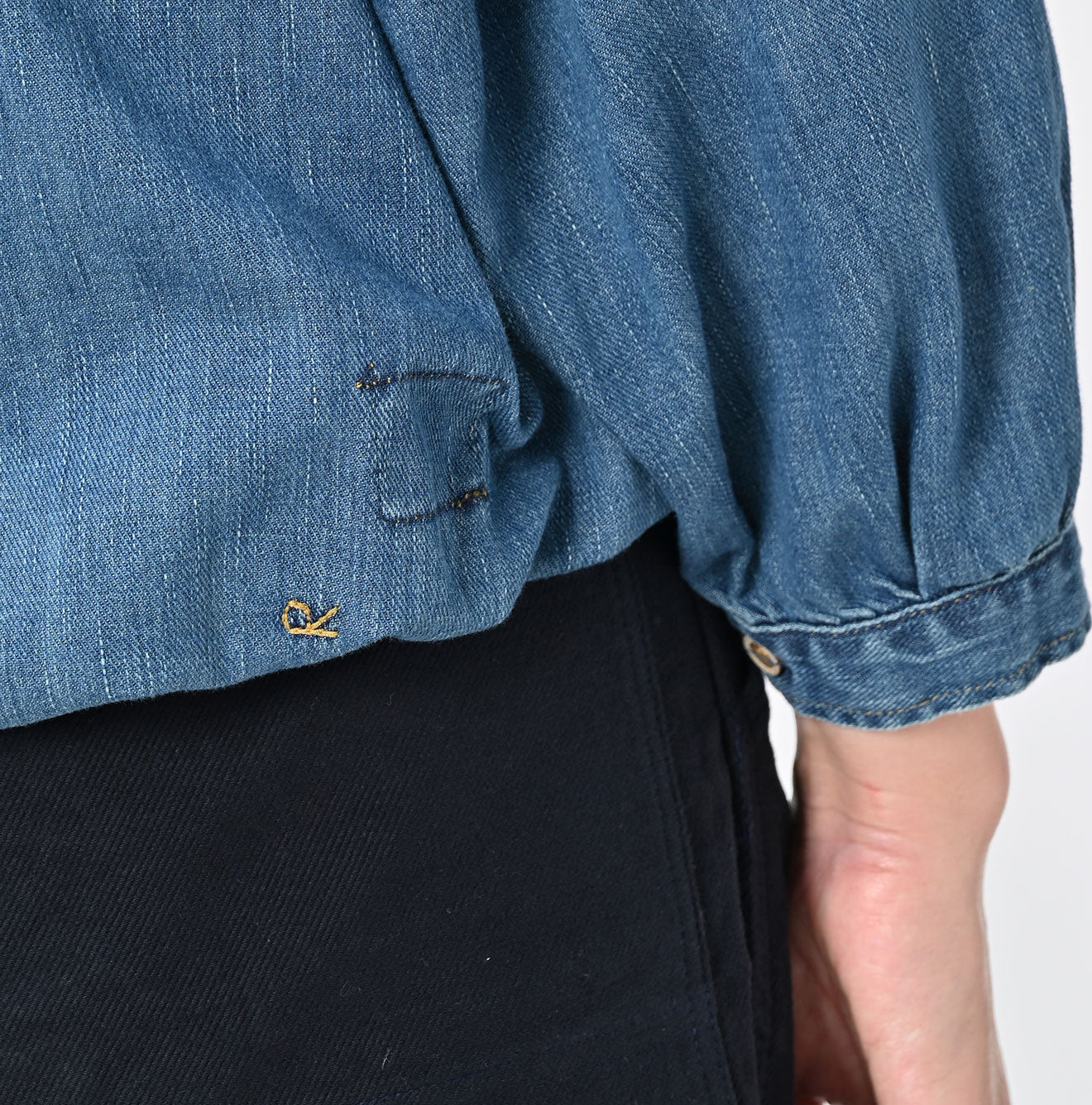 45R 45 Petit Denim Puff Sleeve Blouse Distressed