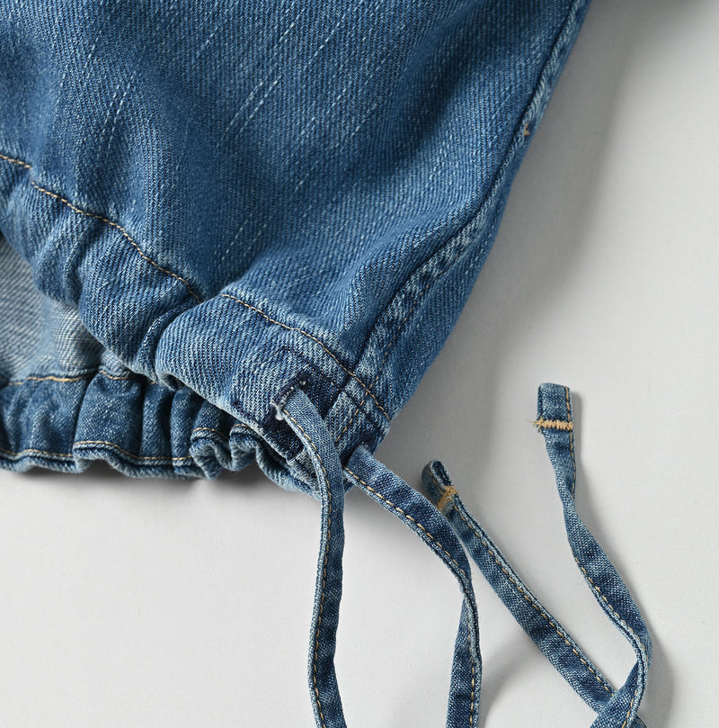 45R 45 Petit Denim Puff Sleeve Blouse Distressed