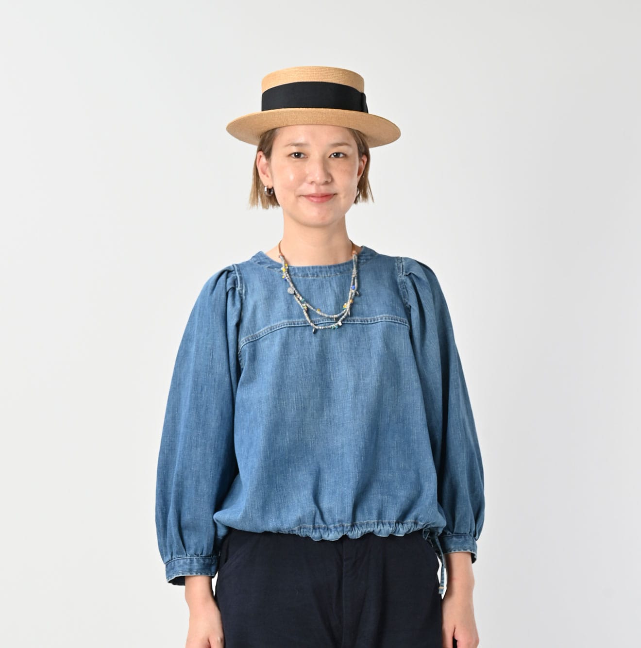 45R 45 Petit Denim Puff Sleeve Blouse Distressed