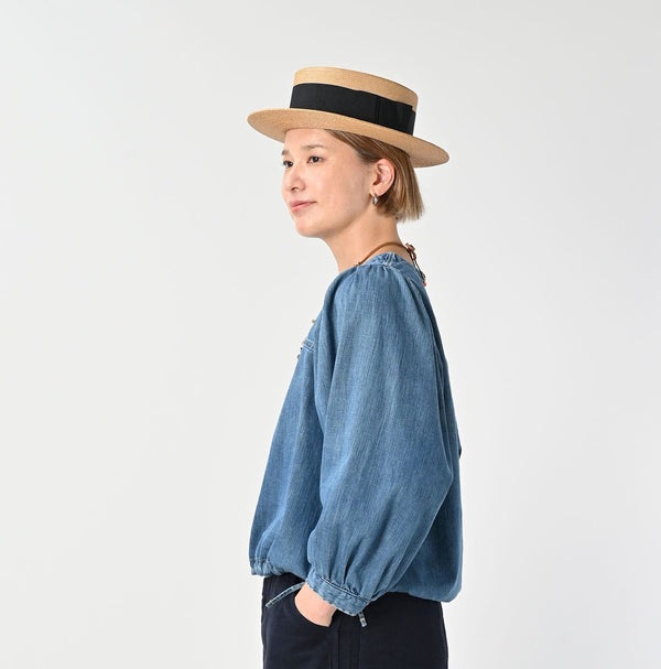 45R 45 Petit Denim Puff Sleeve Blouse Distressed