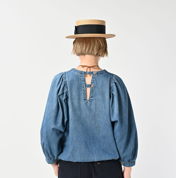 45R 45 Petit Denim Puff Sleeve Blouse Distressed