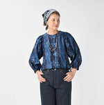 45R Indigo Chandelier Flower Print Puff Bridge Blouse