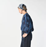 45R Indigo Chandelier Flower Print Puff Bridge Blouse