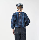45R Indigo Chandelier Flower Print Puff Bridge Blouse