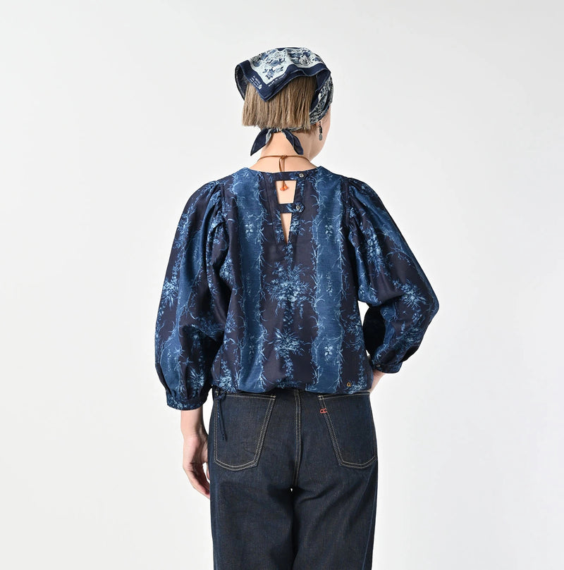 45R Indigo Chandelier Flower Print Puff Bridge Blouse - Image 5