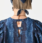 45R Indigo Chandelier Flower Print Puff Bridge Blouse