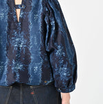 45R Indigo Chandelier Flower Print Puff Bridge Blouse
