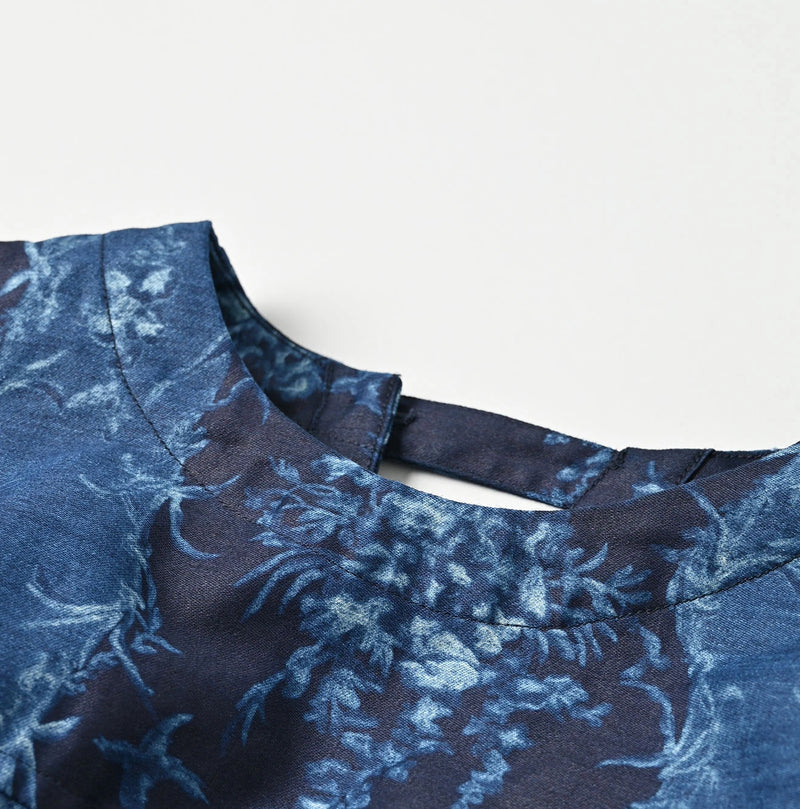45R Indigo Chandelier Flower Print Puff Bridge Blouse - Image 12