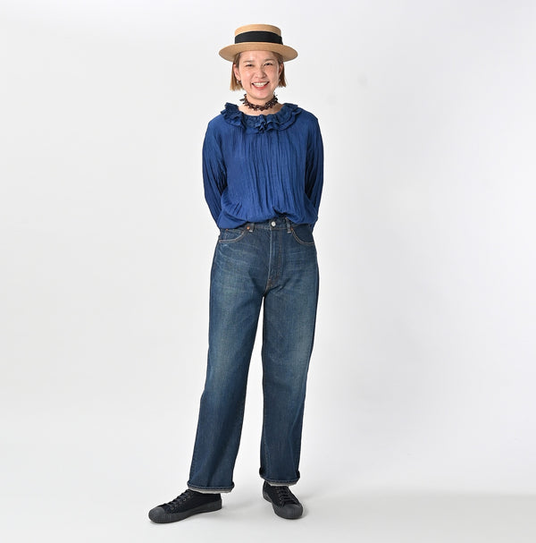 45R Ai Indigo Silk Frilled Collar Blouse