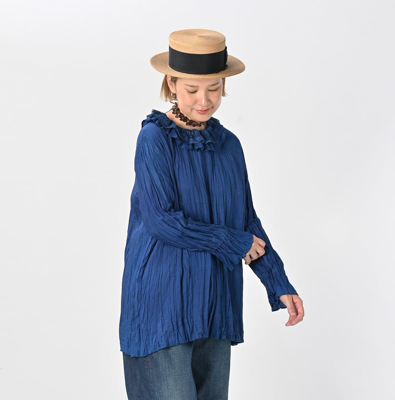 45R Ai Indigo Silk Frilled Collar Blouse - Image 3