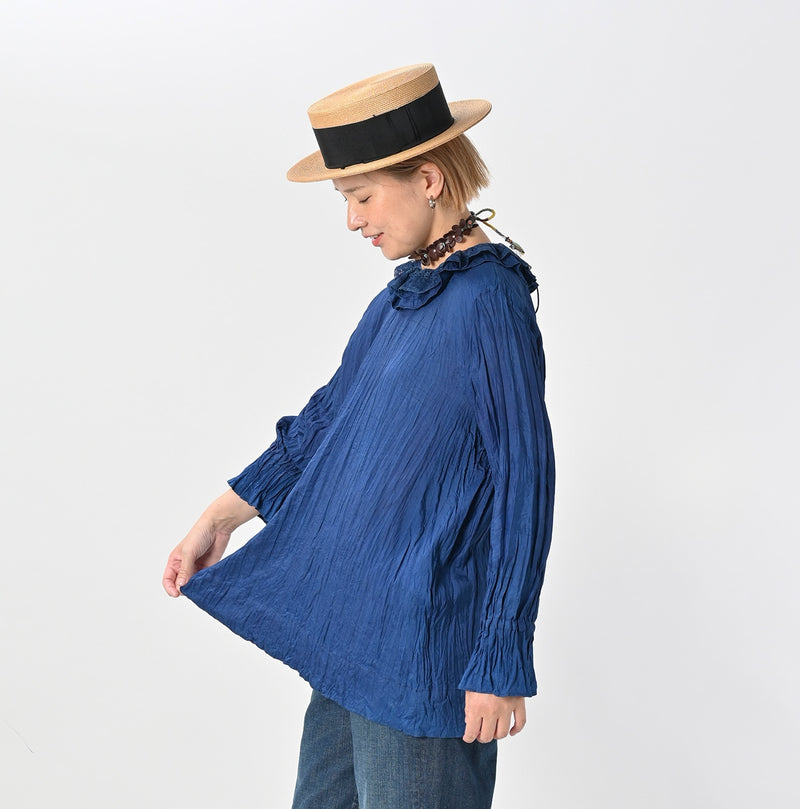 45R Ai Indigo Silk Frilled Collar Blouse - Image 4