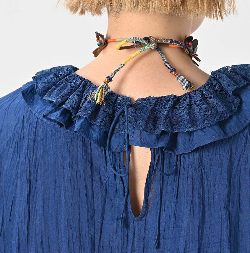 45R Ai Indigo Silk Frilled Collar Blouse - Image 7