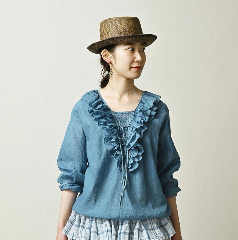 45R Ai Indigo Feather Khadi Silk Frill de T-shirt - Image 3
